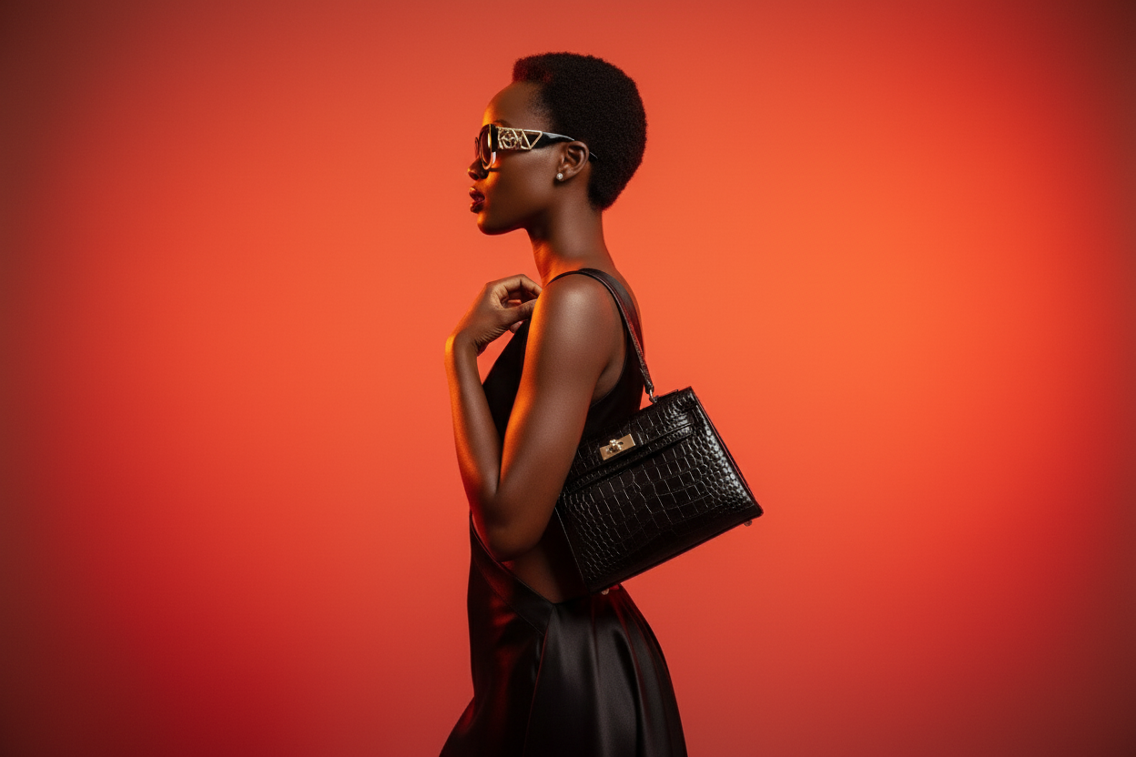 African woman facing left with handbag and sunglasses